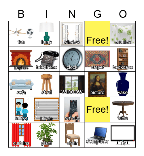 Living Room Vocabulary Words with Pictures Bingo Card