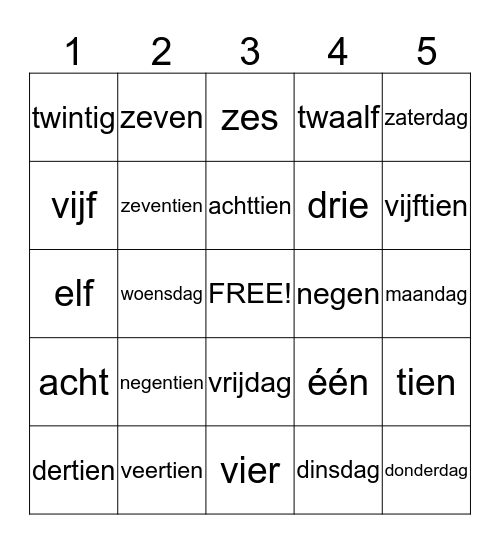 Franse woorden Bingo Card