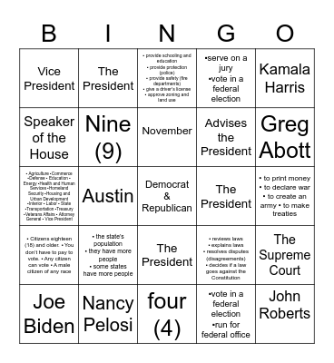 Citizenship Questions 25-50 Bingo Card