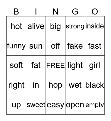 Antonym Bingo Card
