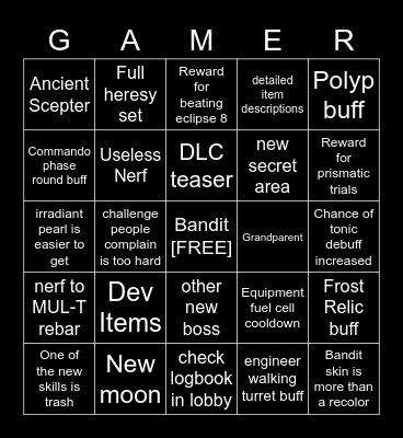 Risk of Rain 2 Update Bingo Card