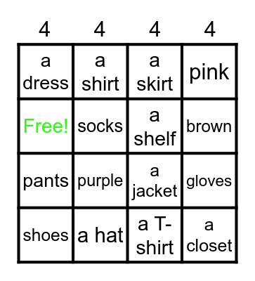 Unit 5 Cool Clothes Bingo Card
