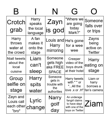 On The Road Again Tour Bingo Card