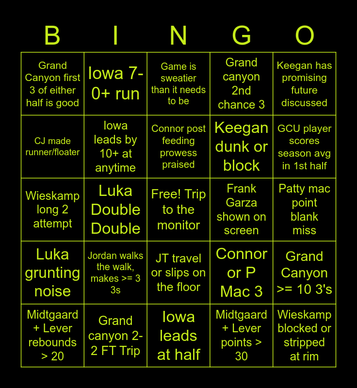 Win Or Go Home Iowa Vs The Grand Canyon Bingo Card