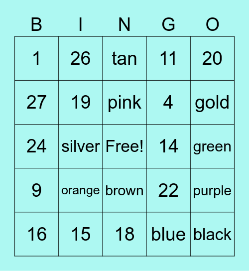 Colors and Numbers (PA) Bingo Card