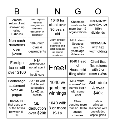 INCOME TAX PREP BINGO Card