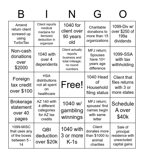 INCOME TAX PREP BINGO Card