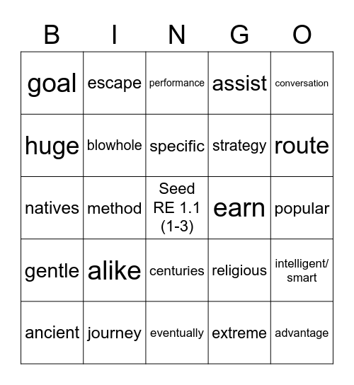 Seed RE 1.1 (1-3) Vocabulary Bingo Card