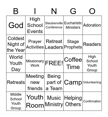 St Joseph's Youth Ministry Bingo Card