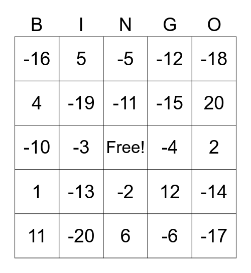 Integer Bingo Card