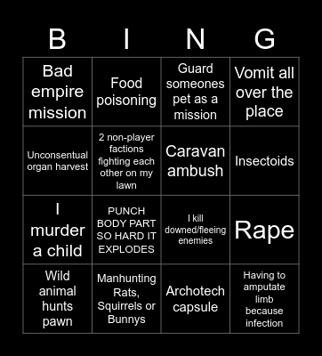 Rimworld Bingo Card