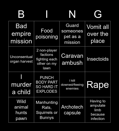 Rimworld Bingo Card