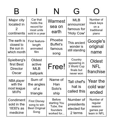 Trivial Pursuit #1 Bingo Card