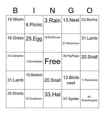 HOH Spring Bingo Card