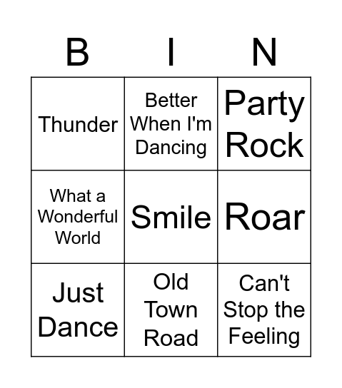 Pop Songs Bingo Card