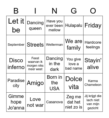 Muziekbingo Kalorama Bingo Card