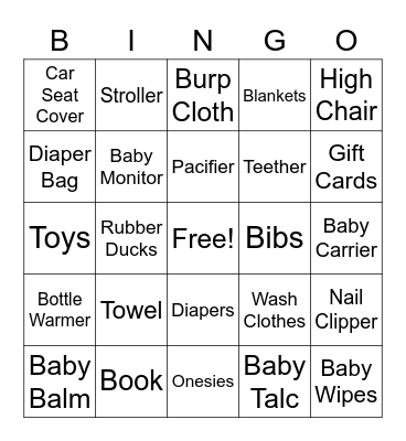 Baby Myers Gifts Bingo Card