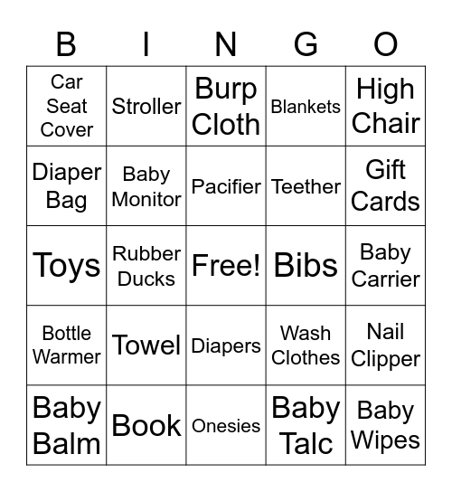 Baby Myers Gifts Bingo Card