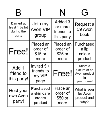 Bev's Avon Bingo! Bingo Card