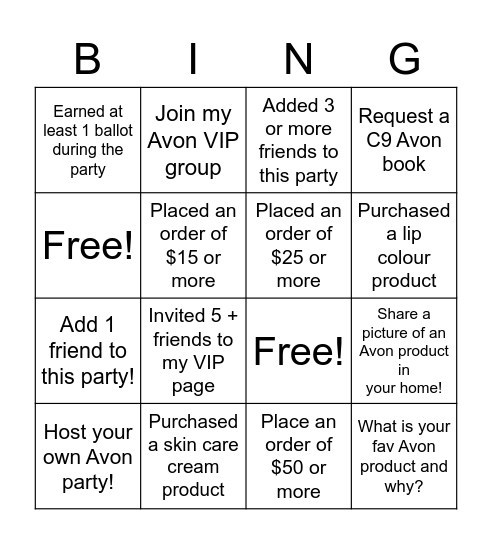 Bev's Avon Bingo! Bingo Card