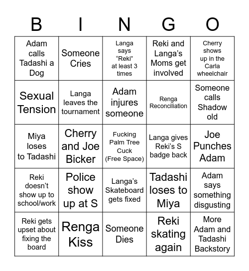 Sk8 Episode 10 Bingo Card