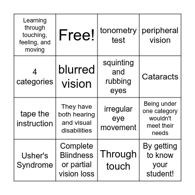 Visual Impairment and Deaf Blindness Bingo Card