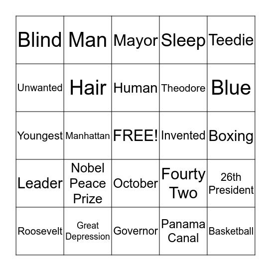 Theodore Roosevelt Bingo Card