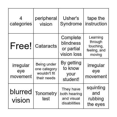 Visual Impairment and Deaf Blindness Bingo Card