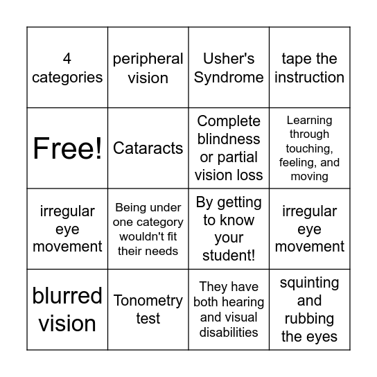 Visual Impairment and Deaf Blindness Bingo Card
