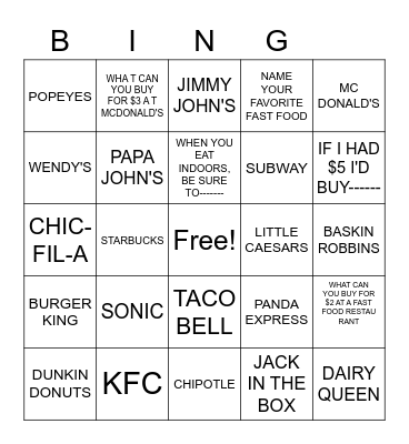 FAST FOODS BINGO                                DU;;NKIN Bingo Card