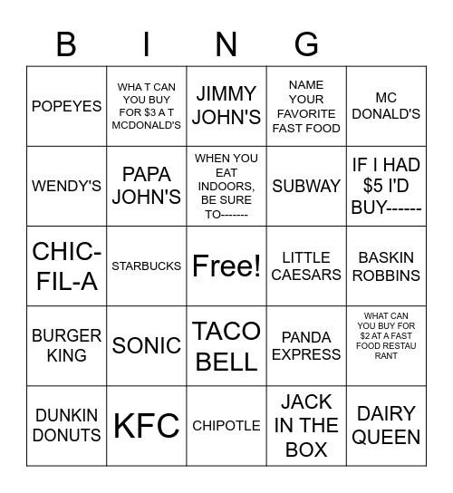 FAST FOODS BINGO                                DU;;NKIN Bingo Card