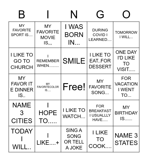 ALL ABOUT ME Bingo Card