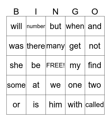 Fry Words Bingo  Bingo Card