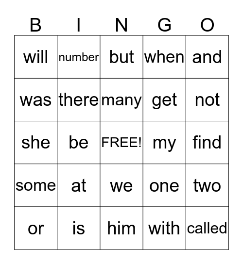 Fry Words Bingo  Bingo Card