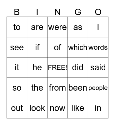 Fry Words Bingo  Bingo Card