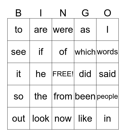 Fry Words Bingo  Bingo Card