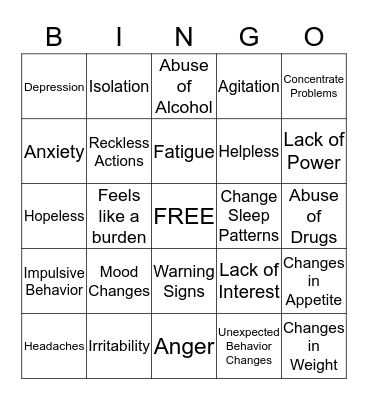 Suicide Prevention: Warning Signs Bingo Card