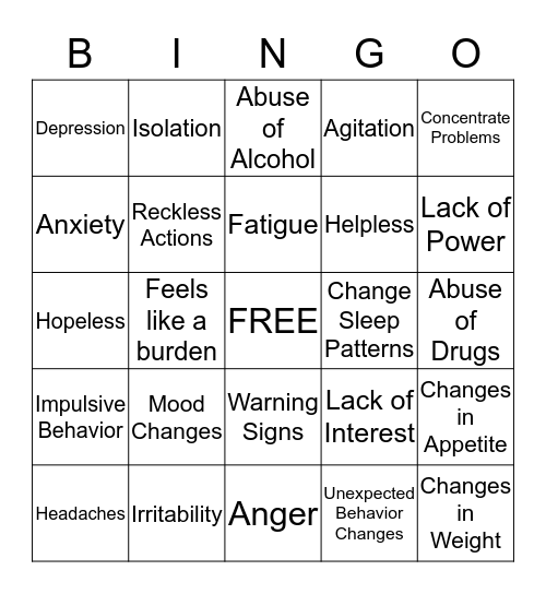 Suicide Prevention: Warning Signs Bingo Card