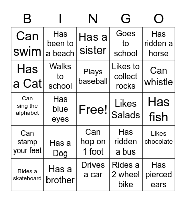 Kids Bingo ~ Can you or Have you? Bingo Card
