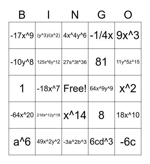 Simplifying Monomials Bingo Card