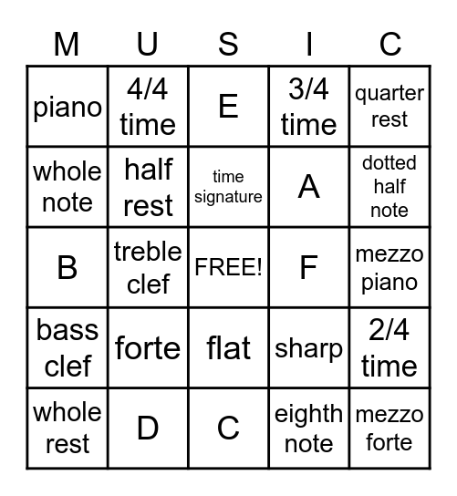 Beginner Music Theory Bingo Card