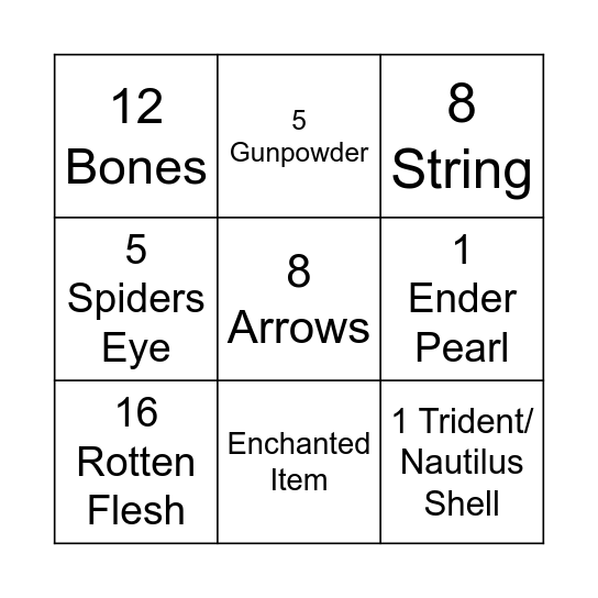 Monster Hunting Bingo Card