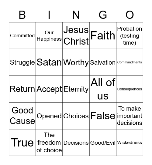 Freedom of Choice, an Eternal Principle Bingo Card