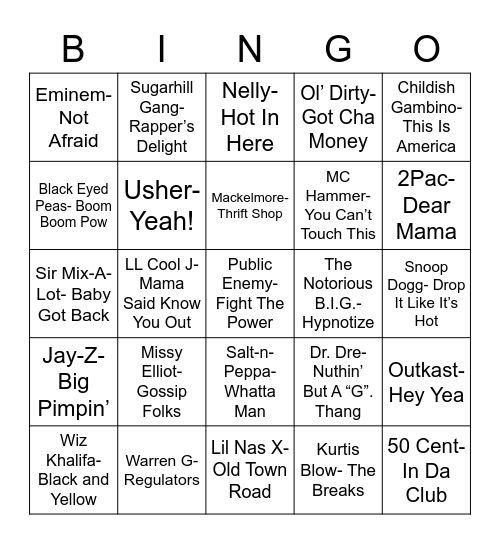 Total-Quiz.com Presents: Radio Bingo Hip Hop Bingo Card