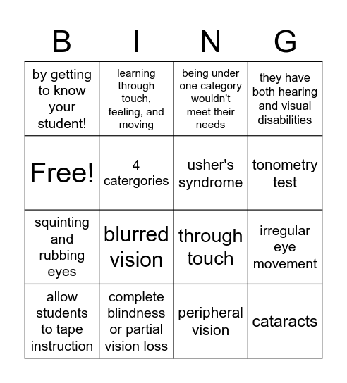 Visual Impairment & Deaf-Blindness Bingo Card