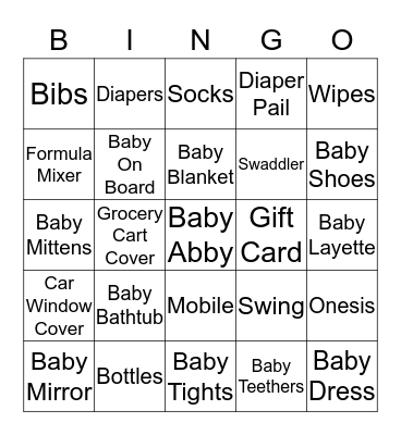 Bianca's Baby Shower Bingo Card