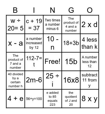 Algebraic Bingo Card
