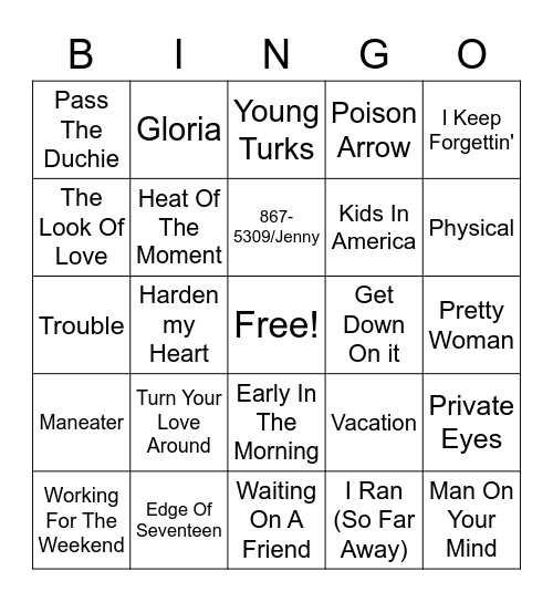 The Hits Of 1982 Bingo Card