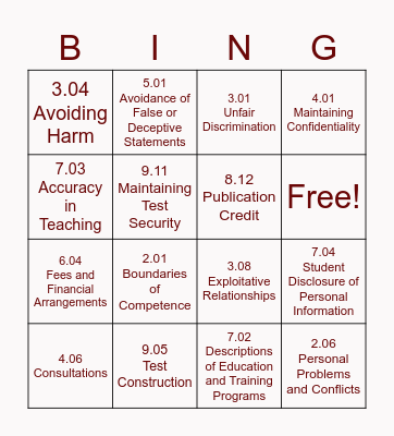 APA Ethical Standards BINGO Card