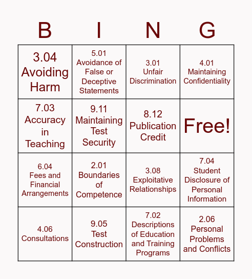 APA Ethical Standards BINGO Card